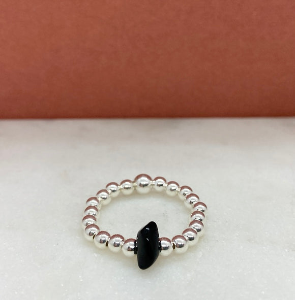 Sterling Silver Beaded Black Tourmaline Ring