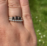 Sterling Silver Triple Stone Beaded Black Tourmaline Ring