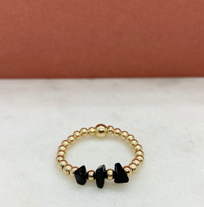 Gold Filled Triple Stone Beaded Black Tourmaline Ring