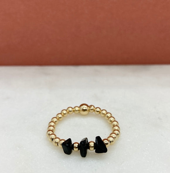 Gold Filled Triple Stone Beaded Black Tourmaline Ring