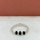 Sterling Silver Triple Stone Beaded Black Tourmaline Ring